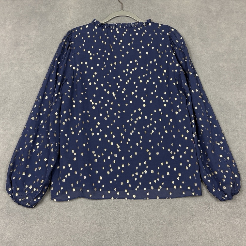 Lilly Pulitzer Size Large Navy 100% Silk Metallic Dot Blouse Long Sleeve Ruffle - Picture 4 of 9